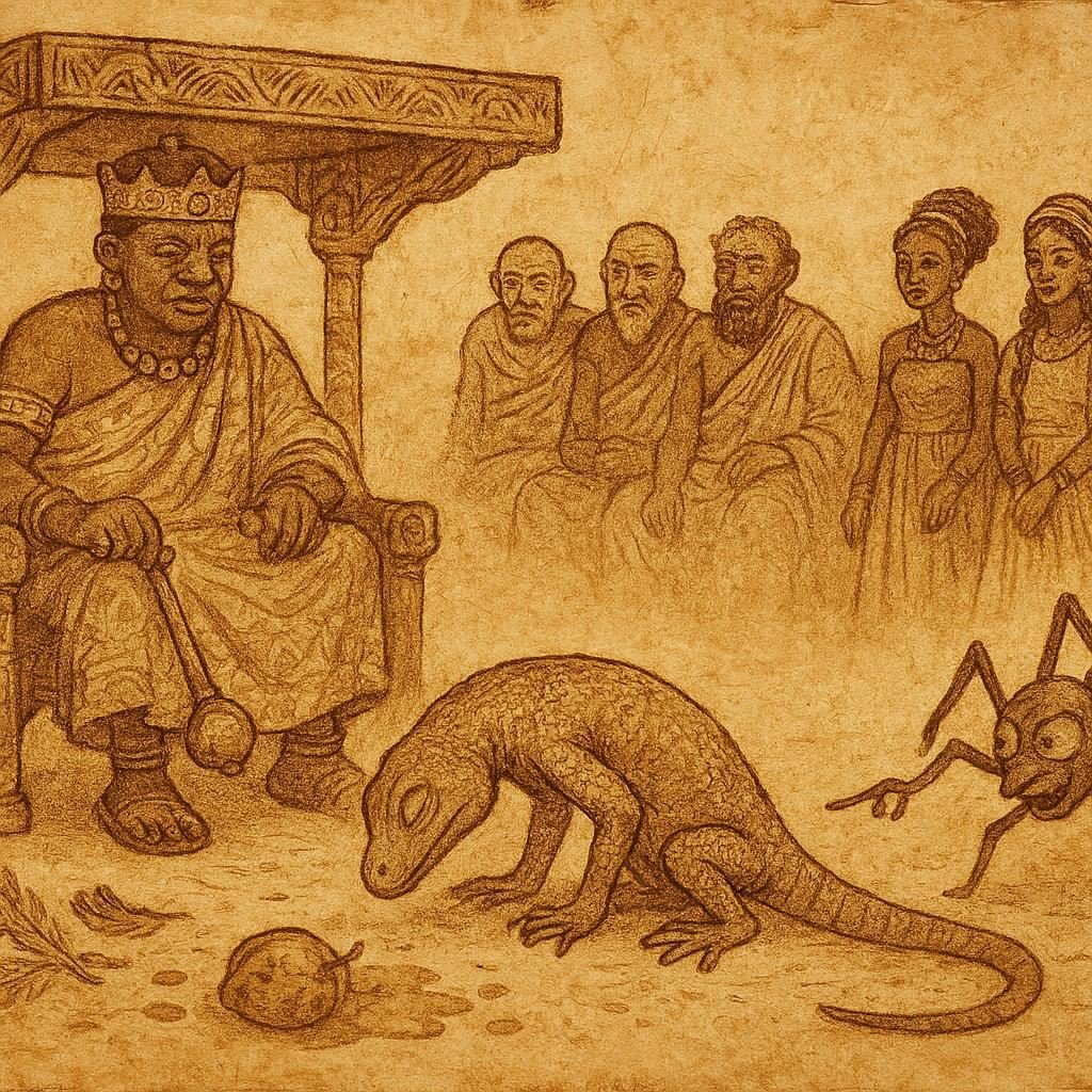 lizard bowing before Ashanti king as Anansi accuses him, Ghana folklore. | FolktalesAfrica.com lizard bowing before Ashanti king as Anansi accuses him, Ghana folklore.
