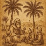 Mozabite elder teaching children under palm trees in M’zab valley oasi