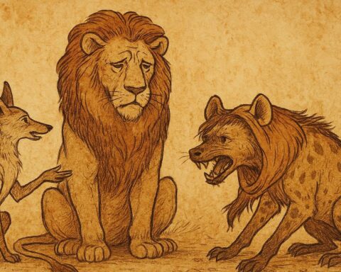 African folktale where the clever Jackal helps the sick lion recover using Hyena’s skin as a remedy.