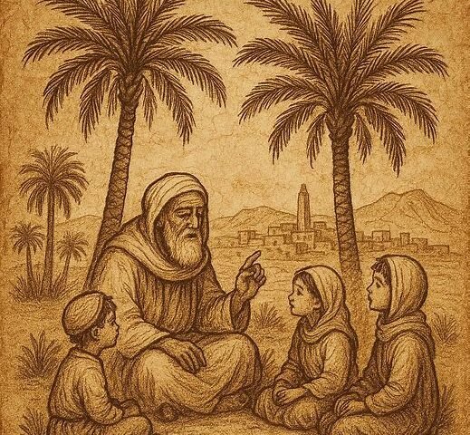 Mozabite elder teaching children under palm trees in M’zab valley oasi