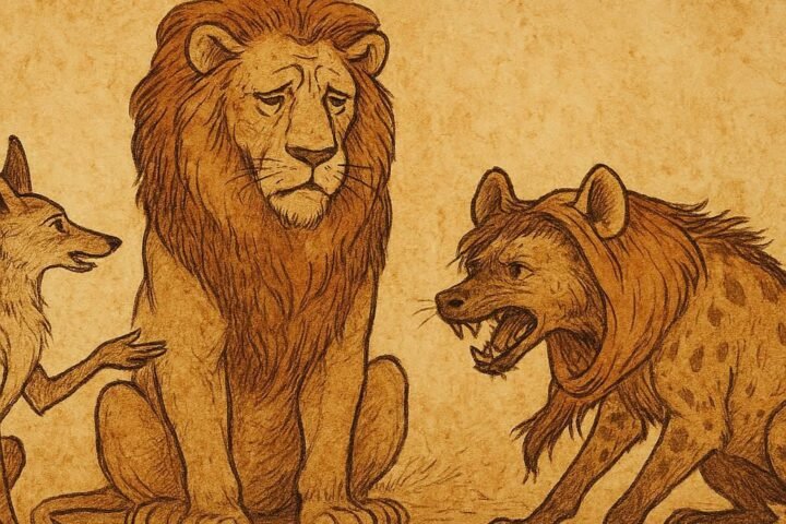 African folktale where the clever Jackal helps the sick lion recover using Hyena’s skin as a remedy.