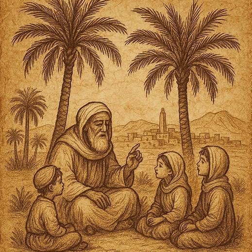 Mozabite elder teaching children under palm trees in M’zab valley oasi