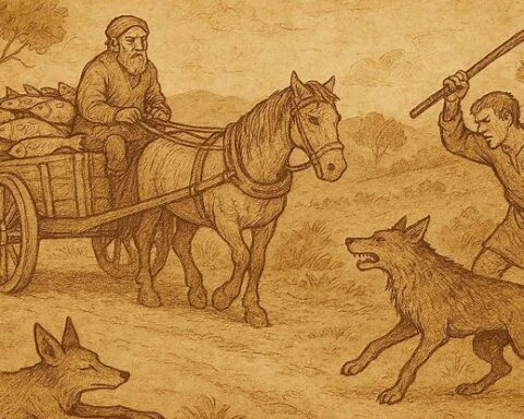 Parchment-style illustration of Jackal lying dead in road as wagon of fish