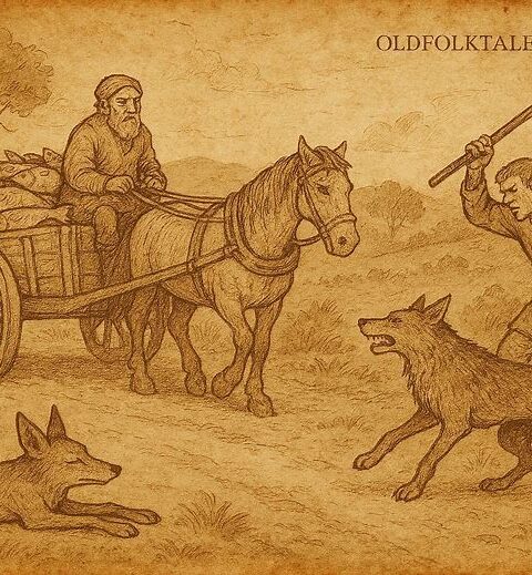 Parchment-style illustration of Jackal lying dead in road as wagon of fish