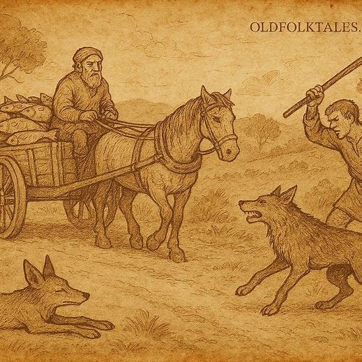 Parchment-style illustration of Jackal lying dead in road as wagon of fish