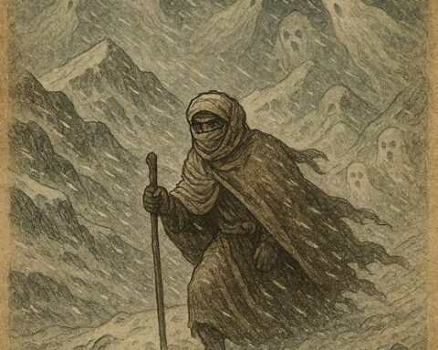 Sanhaja traveler in snowy High Atlas mountains