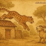 Leopard fleeing a house as Ram calls out, African folktale scene.