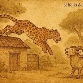 Leopard fleeing a house as Ram calls out, African folktale scene.