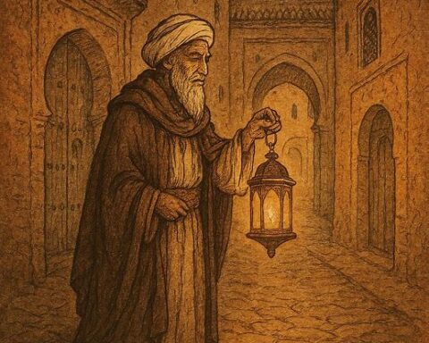 Arab sage holding lantern in old Marrakech medina