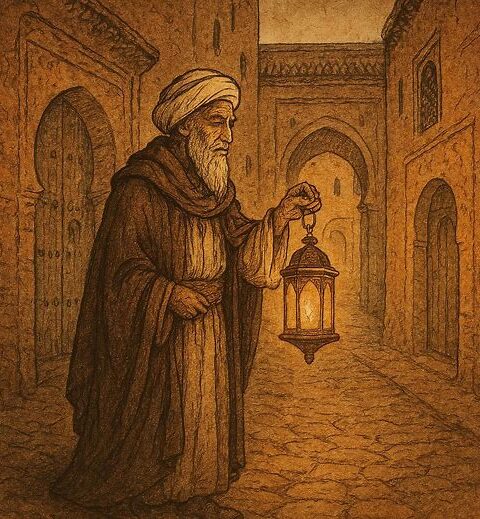 Arab sage holding lantern in old Marrakech medina
