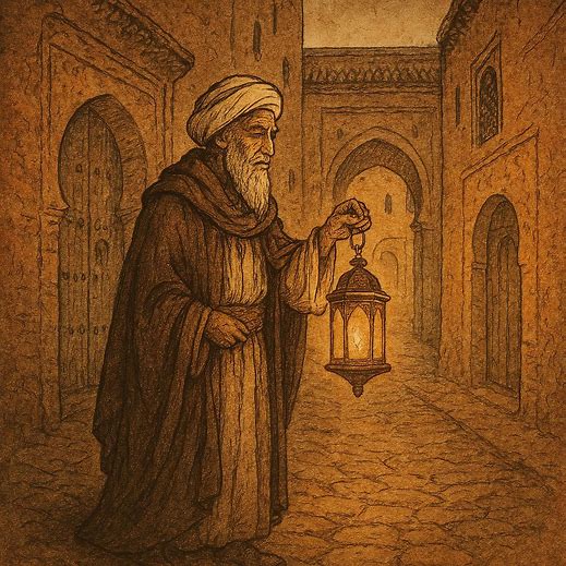 Arab sage holding lantern in old Marrakech medina