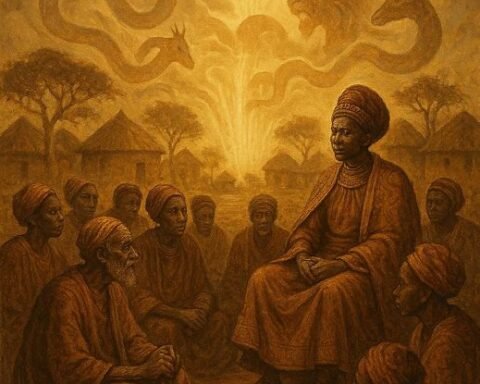 African folklore scene showing people in a village meeting with a king as snakes and animals surround them, symbolizing the origin of burial practices.