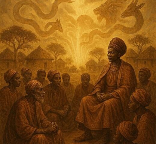 African folklore scene showing people in a village meeting with a king as snakes and animals surround them, symbolizing the origin of burial practices.