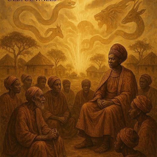 African folklore scene showing people in a village meeting with a king as snakes and animals surround them, symbolizing the origin of burial practices.