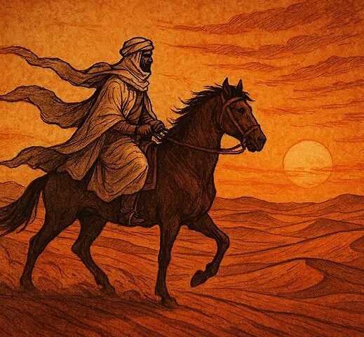 Arab rider on horse crossing Sahara sands at sunset