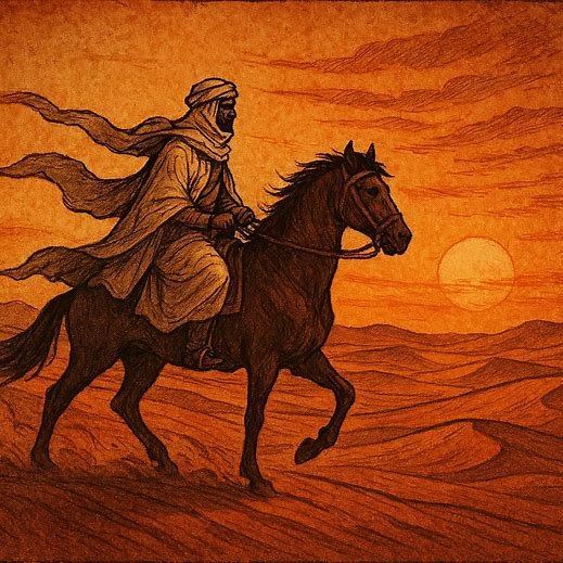 OIG4 | FolktalesAfrica.com Arab rider on horse crossing Sahara sands at sunset