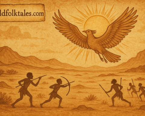 Radiant bird carrying sun over desert San folklore Namibia