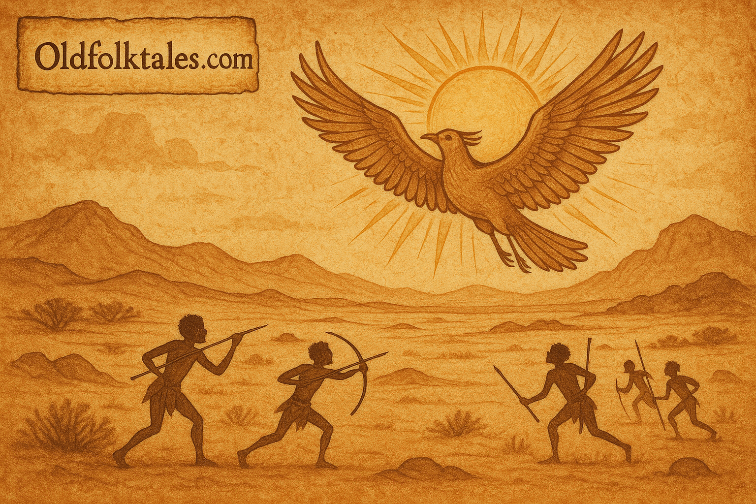 The Bird That Brought the Sun San Folktale Namibia | FolktalesAfrica.com Radiant bird carrying sun over desert San folklore Namibia