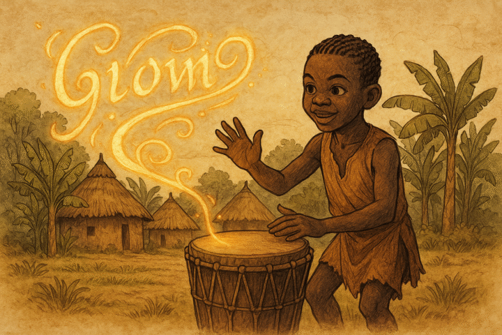 Teke boy playing magical talking drum Congo-Brazzaville folklore