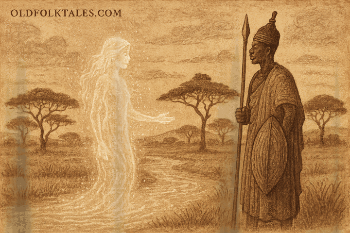 Zande chief meeting glowing river spirit savanna backdrop South Sudan folklore