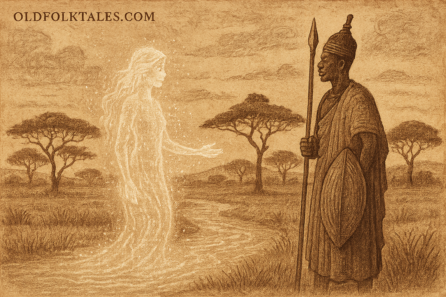 Zande chief meeting glowing river spirit savanna backdrop South Sudan folklore