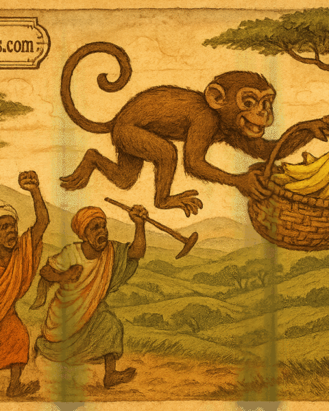 Monkey stealing bananas from farmers in rolling hills Rwanda folklore