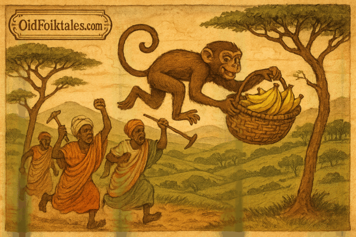 Monkey stealing bananas from farmers in rolling hills Rwanda folklore