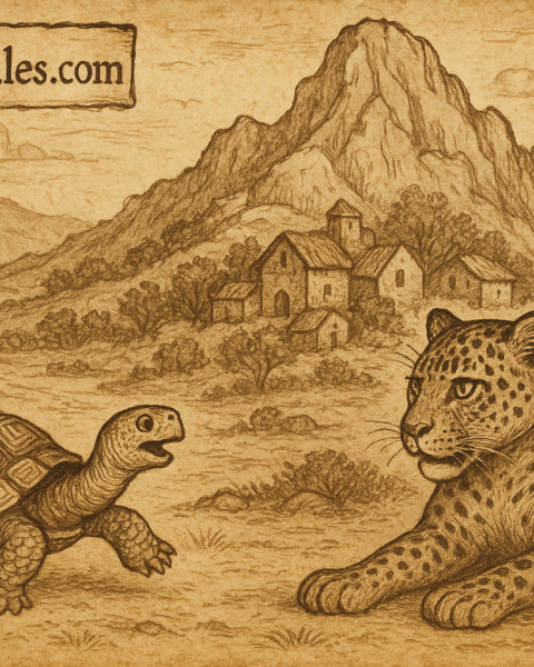 Clever tortoise tricking leopard near mountain village Sotho folklore Lesotho