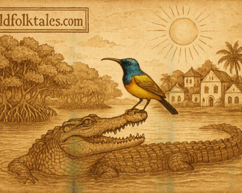 Sunbird on crocodiles snout in mangrove river Swahili folklore Tanzania