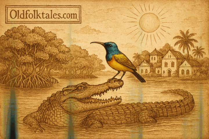 Sunbird on crocodiles snout in mangrove river Swahili folklore Tanzania