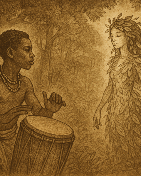 Luba boy drumming for glowing leaf-spirit in dense forest DR Congo folklore