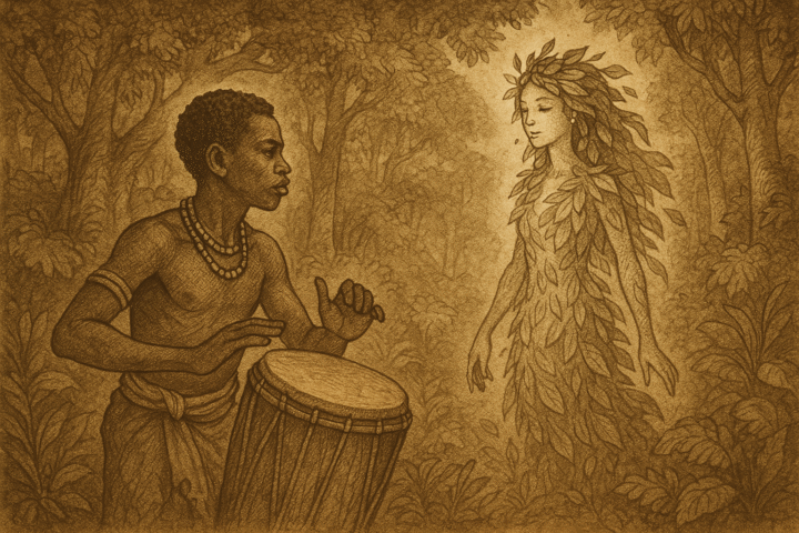 Luba boy drumming for glowing leaf-spirit in dense forest DR Congo folklore
