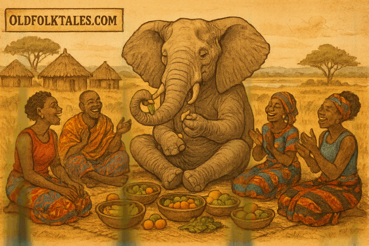Elephant sharing food with Lozi villagers at savanna feast Zambia folklore