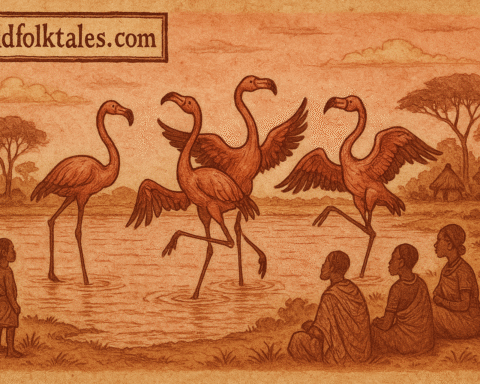 Flamingos dancing in lake at sunset Sukuma folklore Tanzania