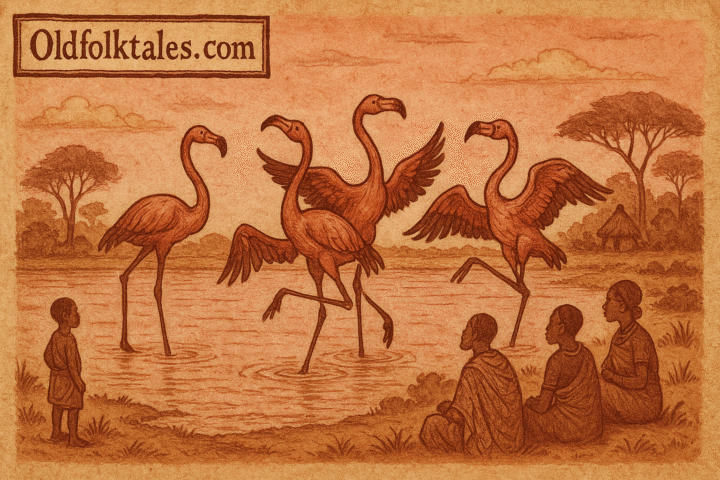 Flamingos dancing in lake at sunset Sukuma folklore Tanzania