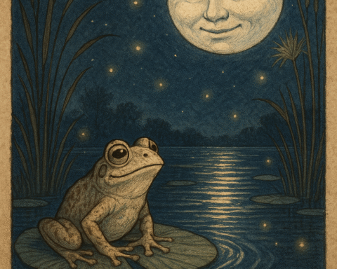 Frog gazing at smiling moon over calm pond Bemba folklore