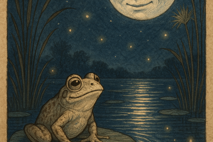 Frog gazing at smiling moon over calm pond Bemba folklore