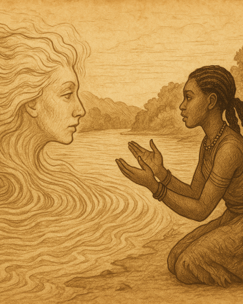 Mongo girl speaking to river spirit in lush Congo setting DR Congo folklore