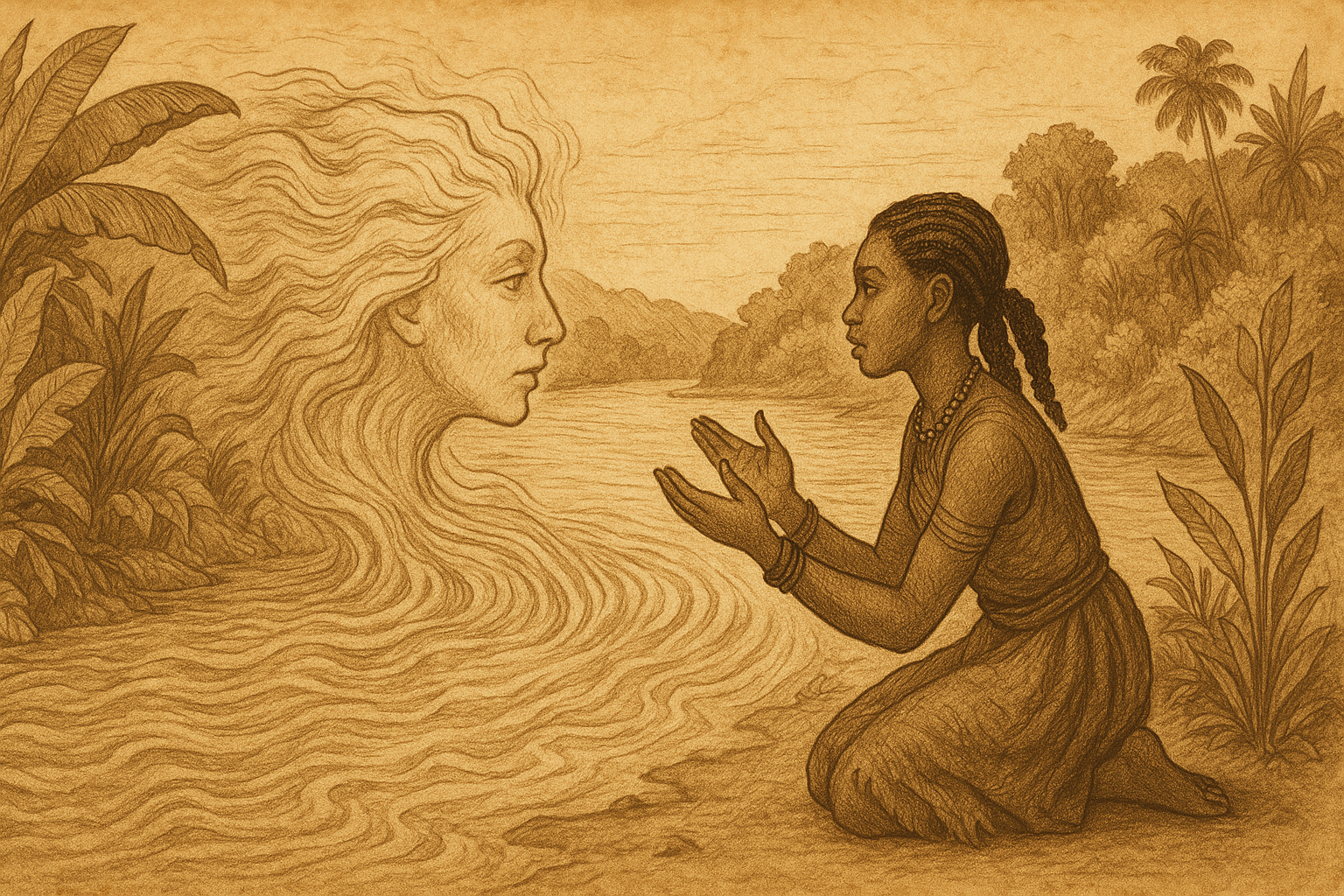 Mongo girl speaking to river spirit in lush Congo setting DR Congo folklore