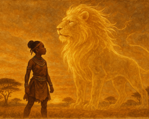 Tswana girl facing lion spirit in golden
