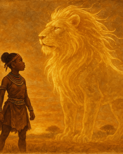 Tswana girl facing lion spirit in golden