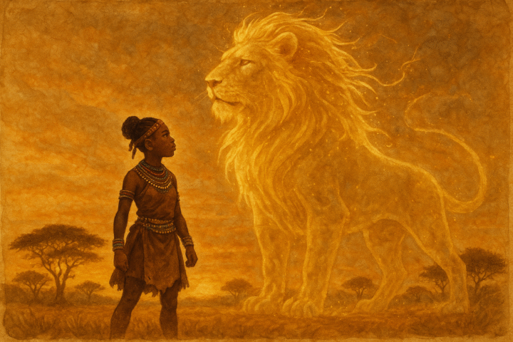 Tswana girl facing lion spirit in golden