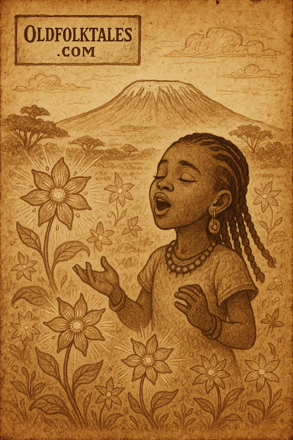 Chaga girl singing to make flowers bloom Mount Kilimanjaro backdrop Tanzania folklore