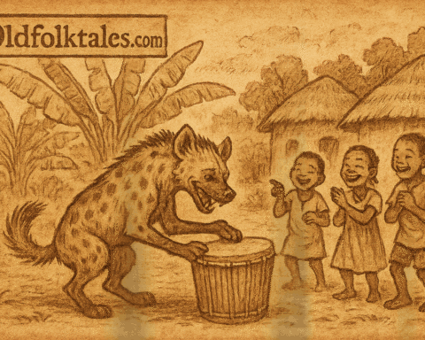 Hyena attempting to play drum in Kikuyu village Kenya folklore