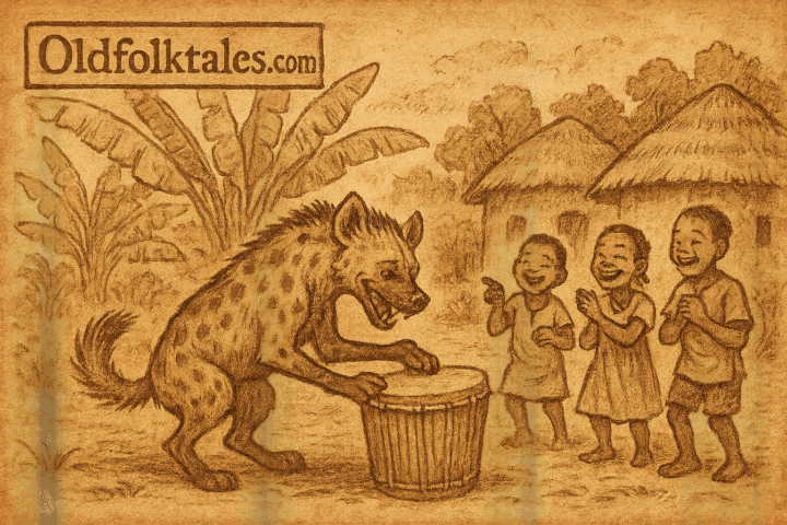 Hyena attempting to play drum in Kikuyu village Kenya folklore