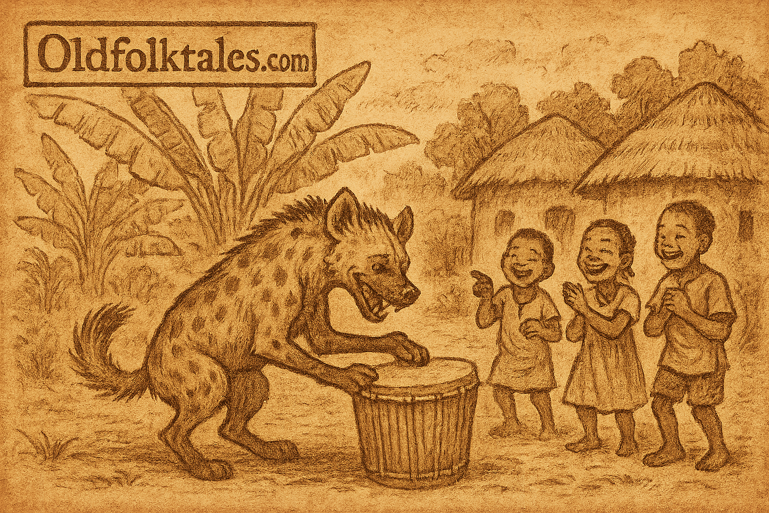 Hyena attempting to play drum in Kikuyu village Kenya folklore