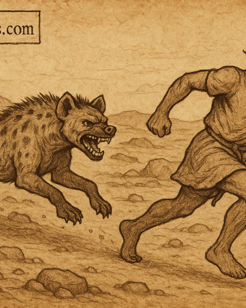 Snarling hyena chasing man in desert Damara folklore Namibia
