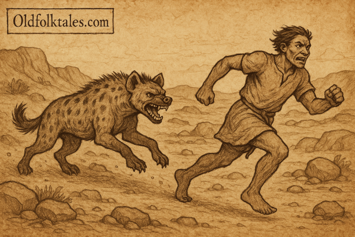 Snarling hyena chasing man in desert Damara folklore Namibia