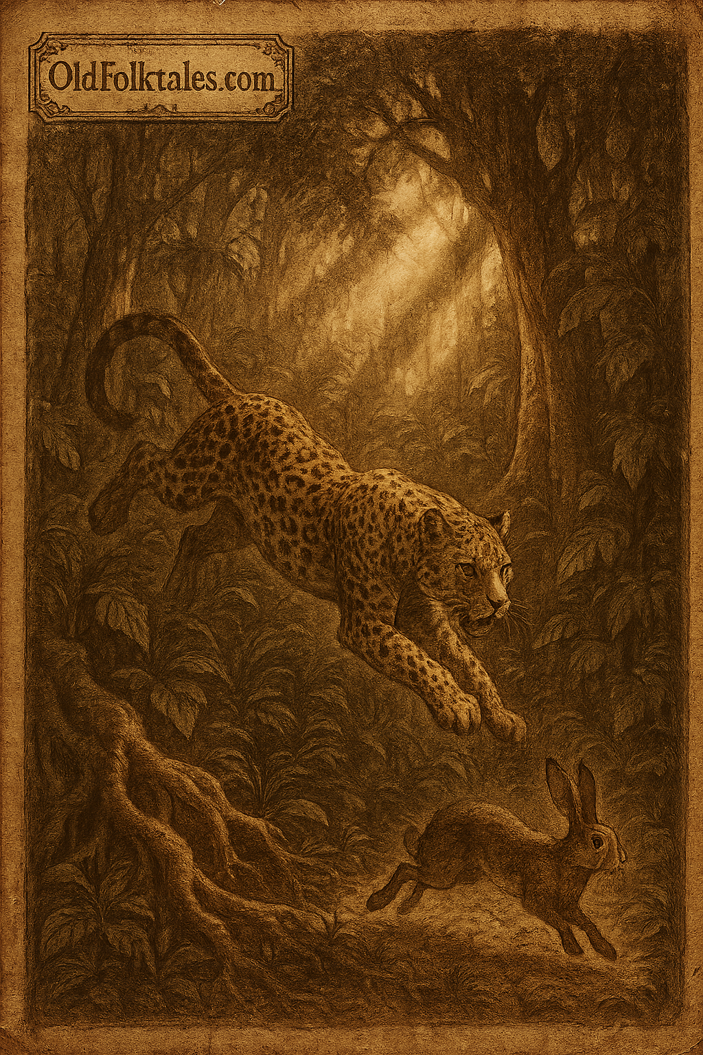 The Leopard chasing hare in Ugandan forest Baganda folklore