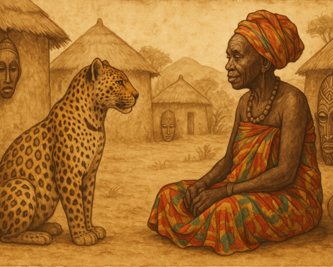 Leopard before wise Kongo elder village backdrop Angola folklore